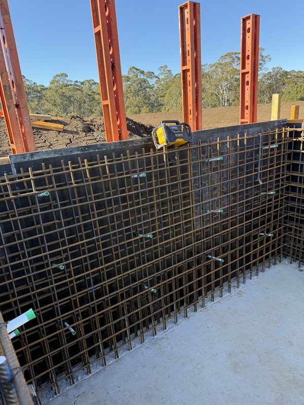 Wall reinforcement cage tied inside ply formwork with steel soldiers alongside.