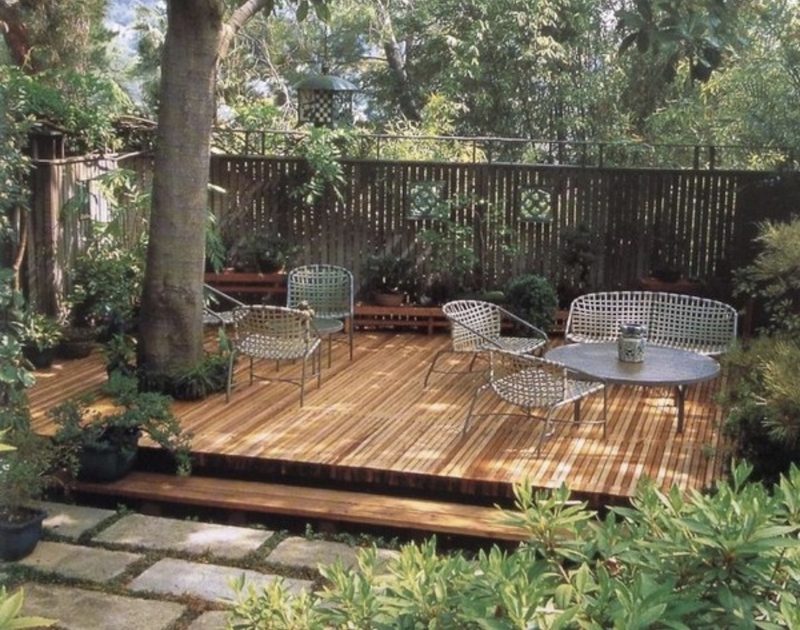 Timber deck in a leafy backyard